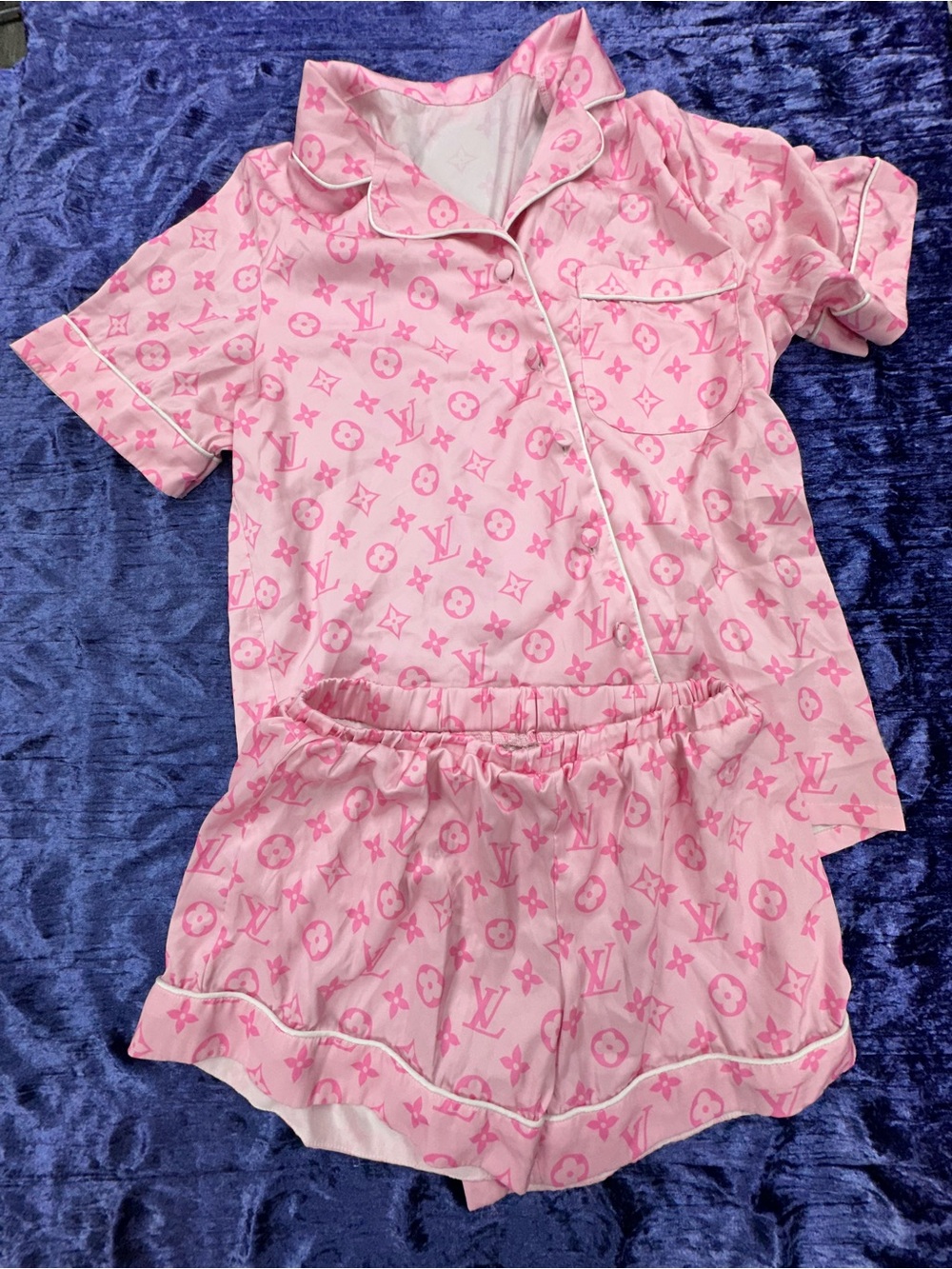 Pink Monogram Short Pajama Set with Contrast Piping